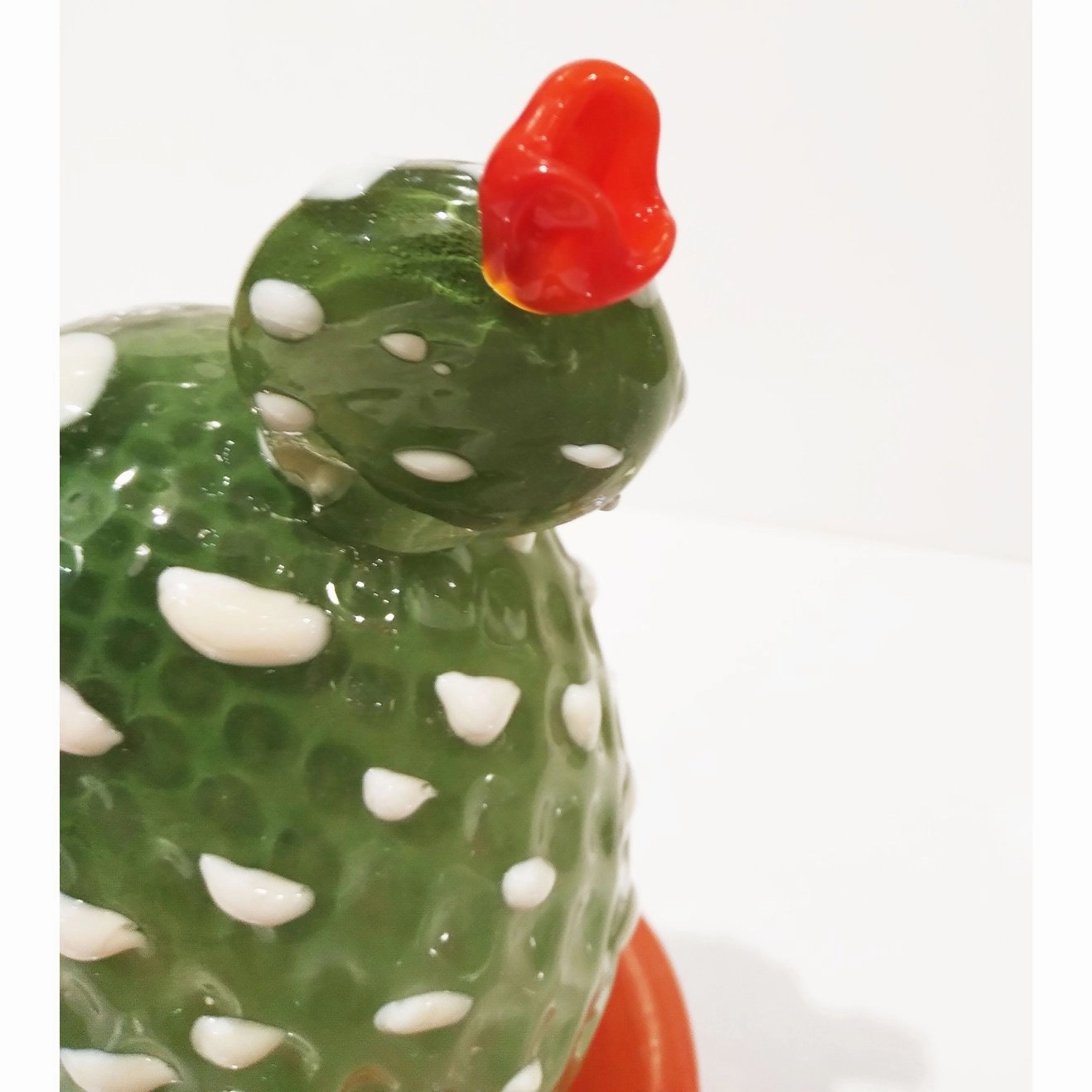 Modern Italian Green White Gold Orange Murano Glass Cactus Plant & Red Flowers