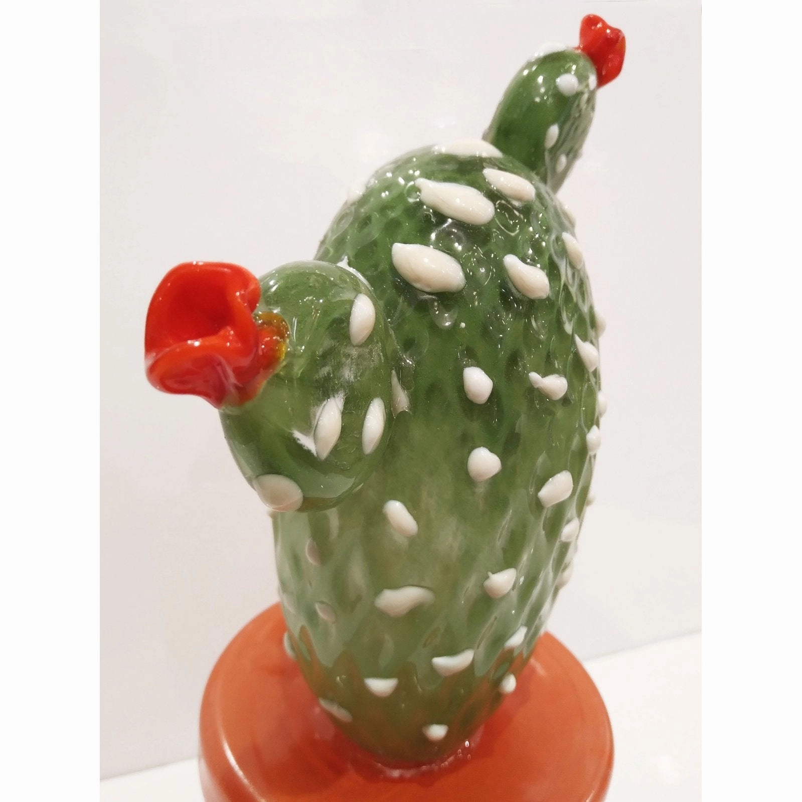 Modern Italian Green White Gold Orange Murano Glass Cactus Plant & Red Flowers