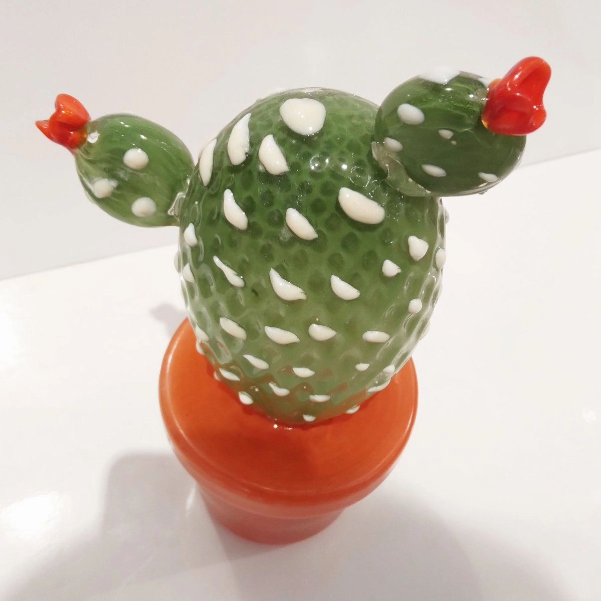 Modern Italian Green White Gold Orange Murano Glass Cactus Plant & Red Flowers