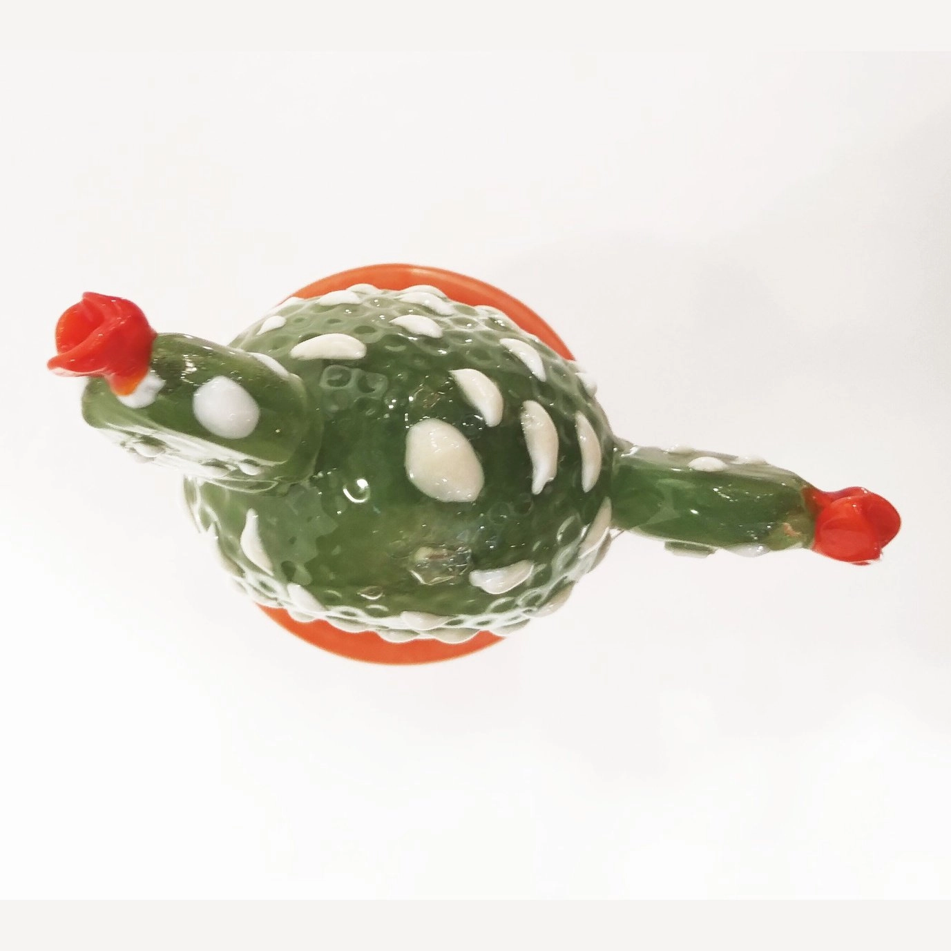 Modern Italian Green White Gold Orange Murano Glass Cactus Plant & Red Flowers