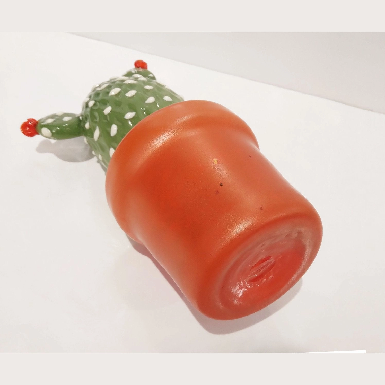 Modern Italian Green White Gold Orange Murano Glass Cactus Plant & Red Flowers