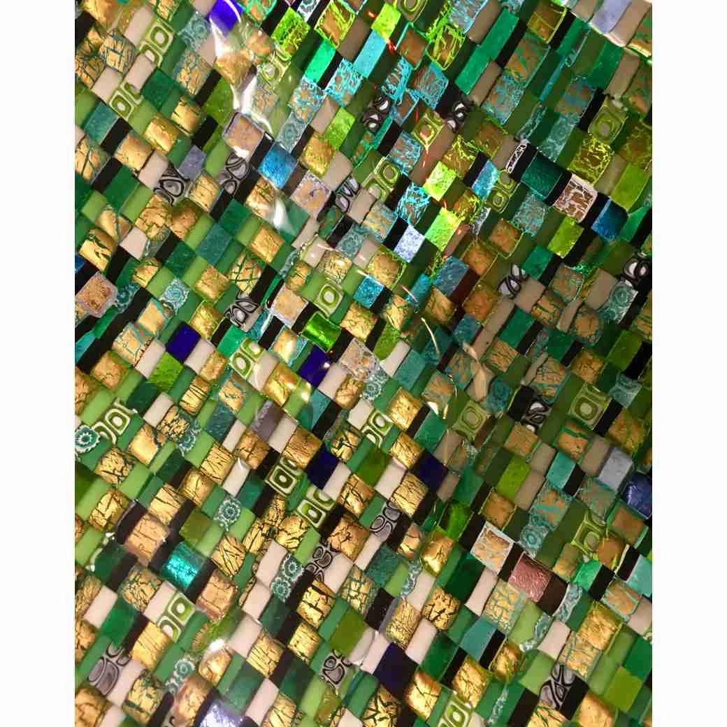 Modern Italian Urban Design Green Yellow & 24Kt Gold Murano Art Glass Mosaic Bowl