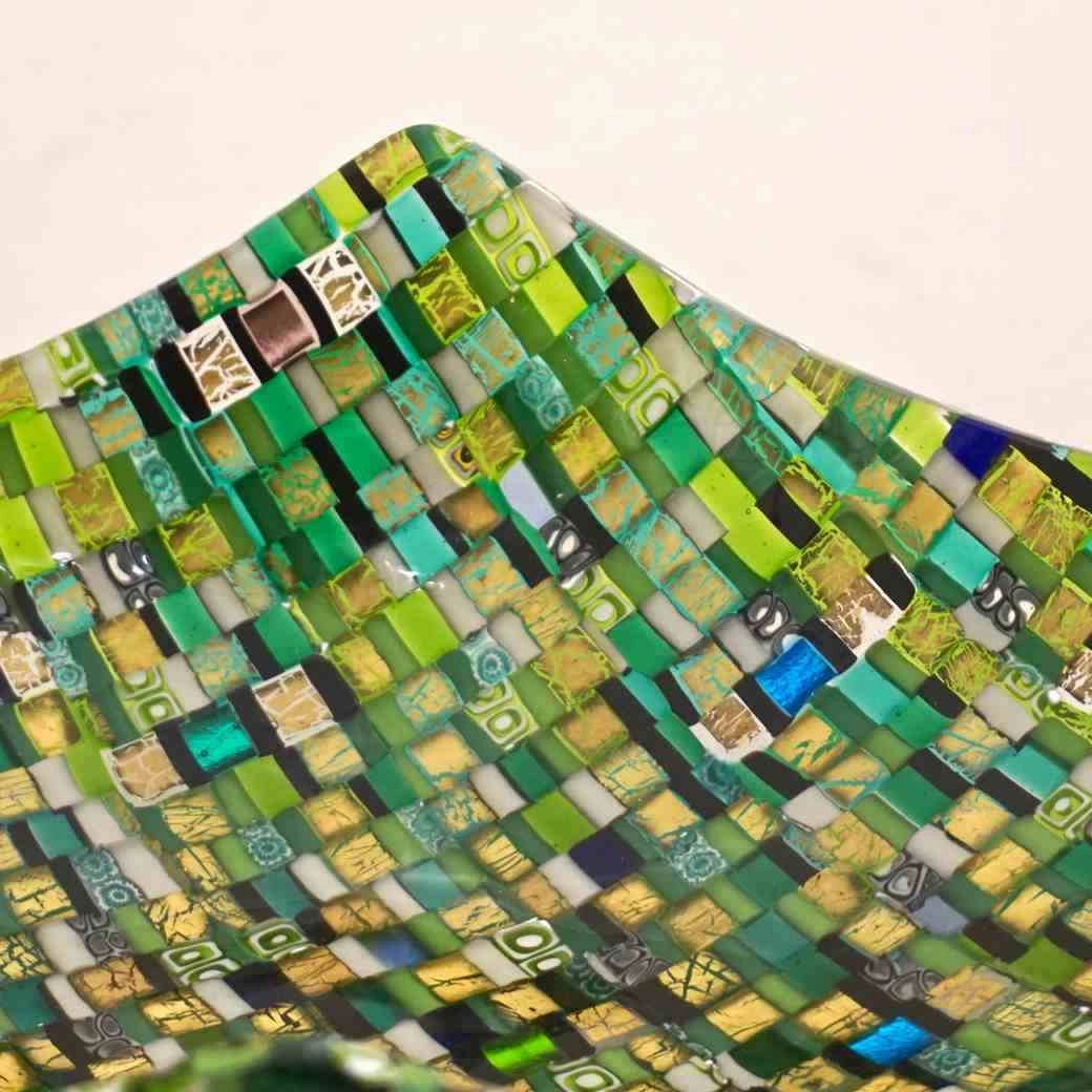 Modern Italian Urban Design Green Yellow & 24Kt Gold Murano Art Glass Mosaic Bowl