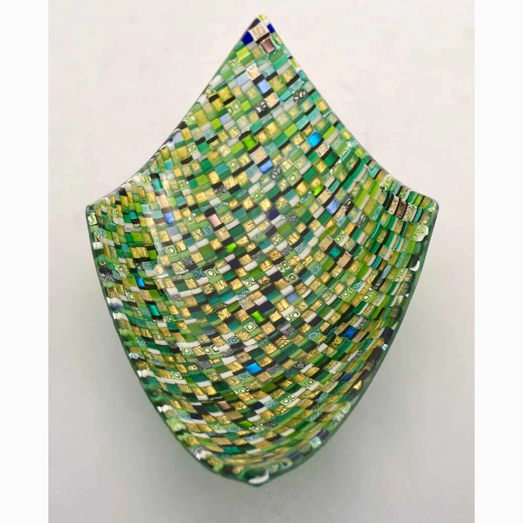 Modern Italian Urban Design Green Yellow & 24Kt Gold Murano Art Glass Mosaic Bowl