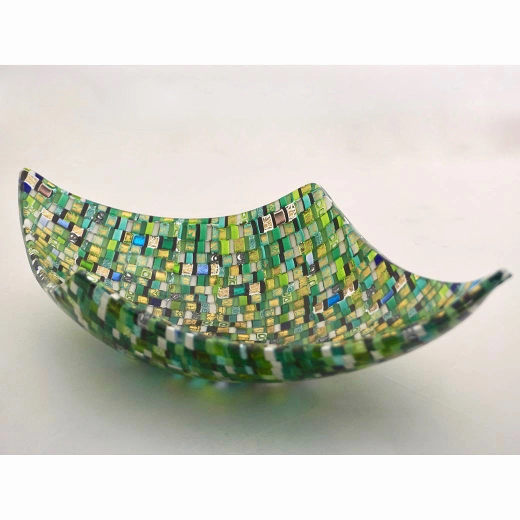 Modern Italian Urban Design Green Yellow & 24Kt Gold Murano Art Glass Mosaic Bowl