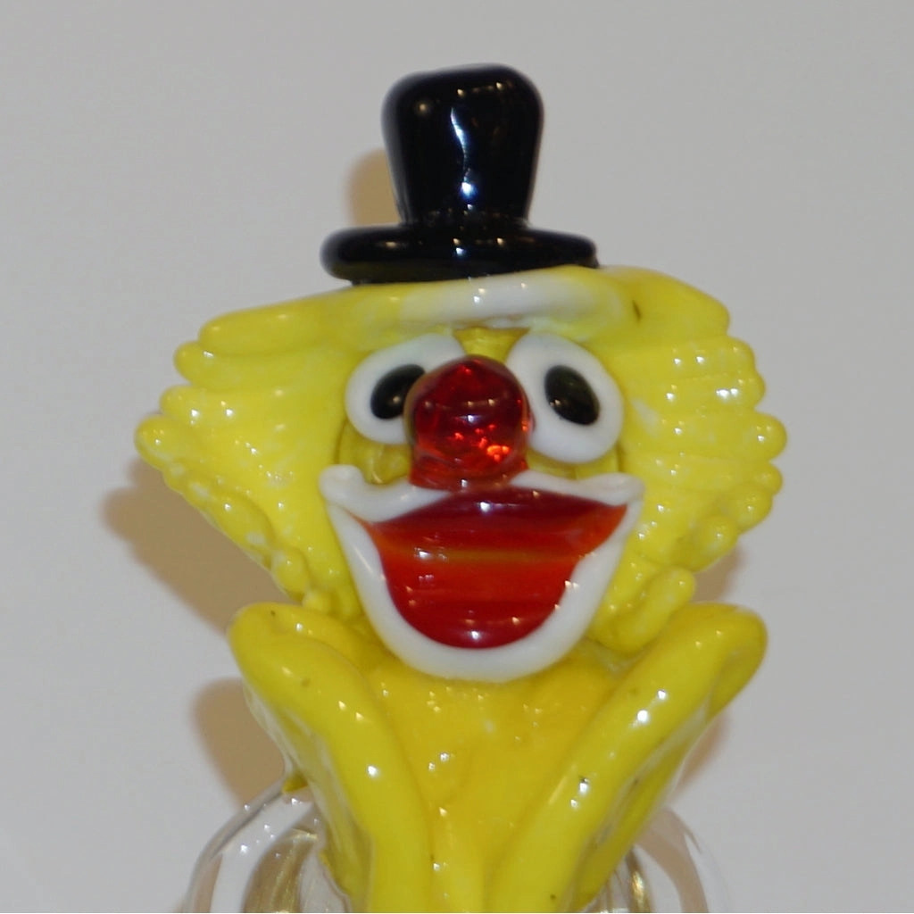 Modern Italian Yellow Black Murano Glass Clown Sculpture with Bottle & Blue Tie