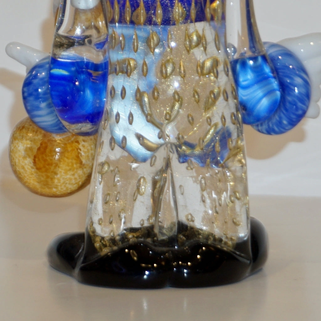 Modern Italian Yellow Black Murano Glass Clown Sculpture with Bottle & Blue Tie