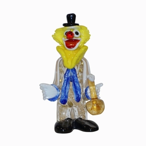 Modern Italian Yellow Black Murano Glass Clown Sculpture with Bottle & Blue Tie 