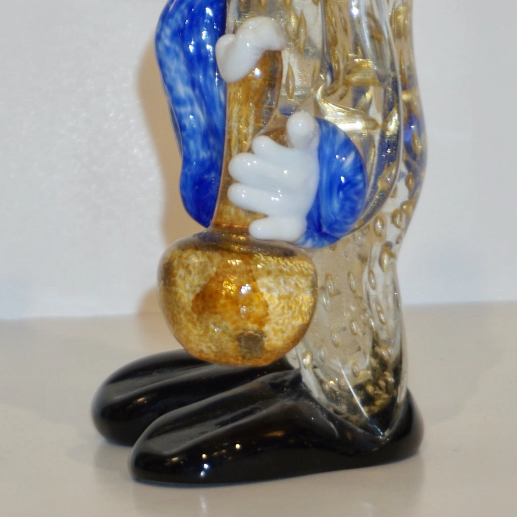 Modern Italian Yellow Black Murano Glass Clown Sculpture with Bottle & Blue Tie