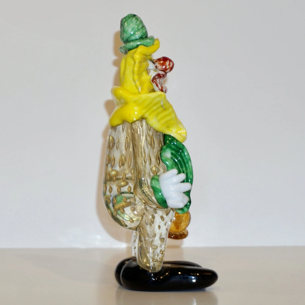 Modern Italian Yellow Black Murano Glass Clown Sculpture with Bottle & Green Tie