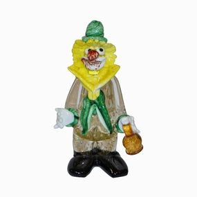 Modern Italian Yellow Black Murano Glass Clown Sculpture with Bottle & Green Tie 