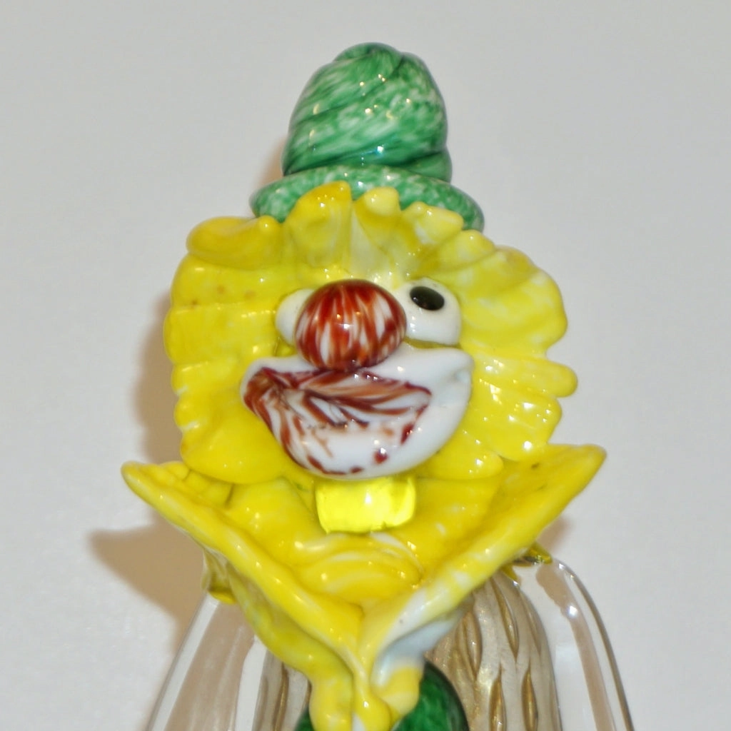 Modern Italian Yellow Black Murano Glass Clown Sculpture with Bottle & Green Tie