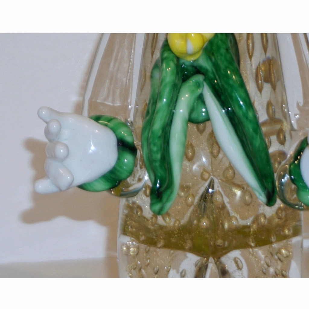 Modern Italian Yellow Black Murano Glass Clown Sculpture with Bottle & Green Tie