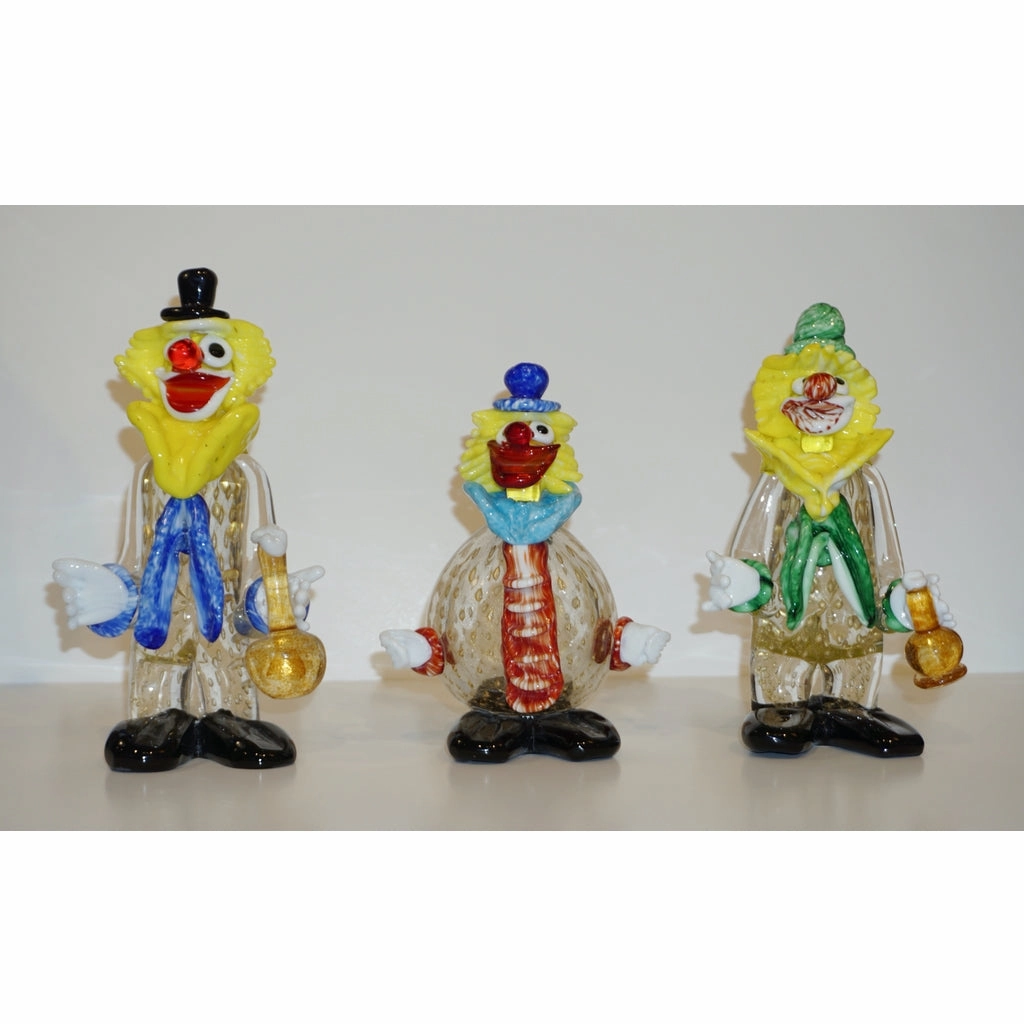 Modern Italian Yellow Black Murano Glass Clown Sculpture with Bottle & Green Tie