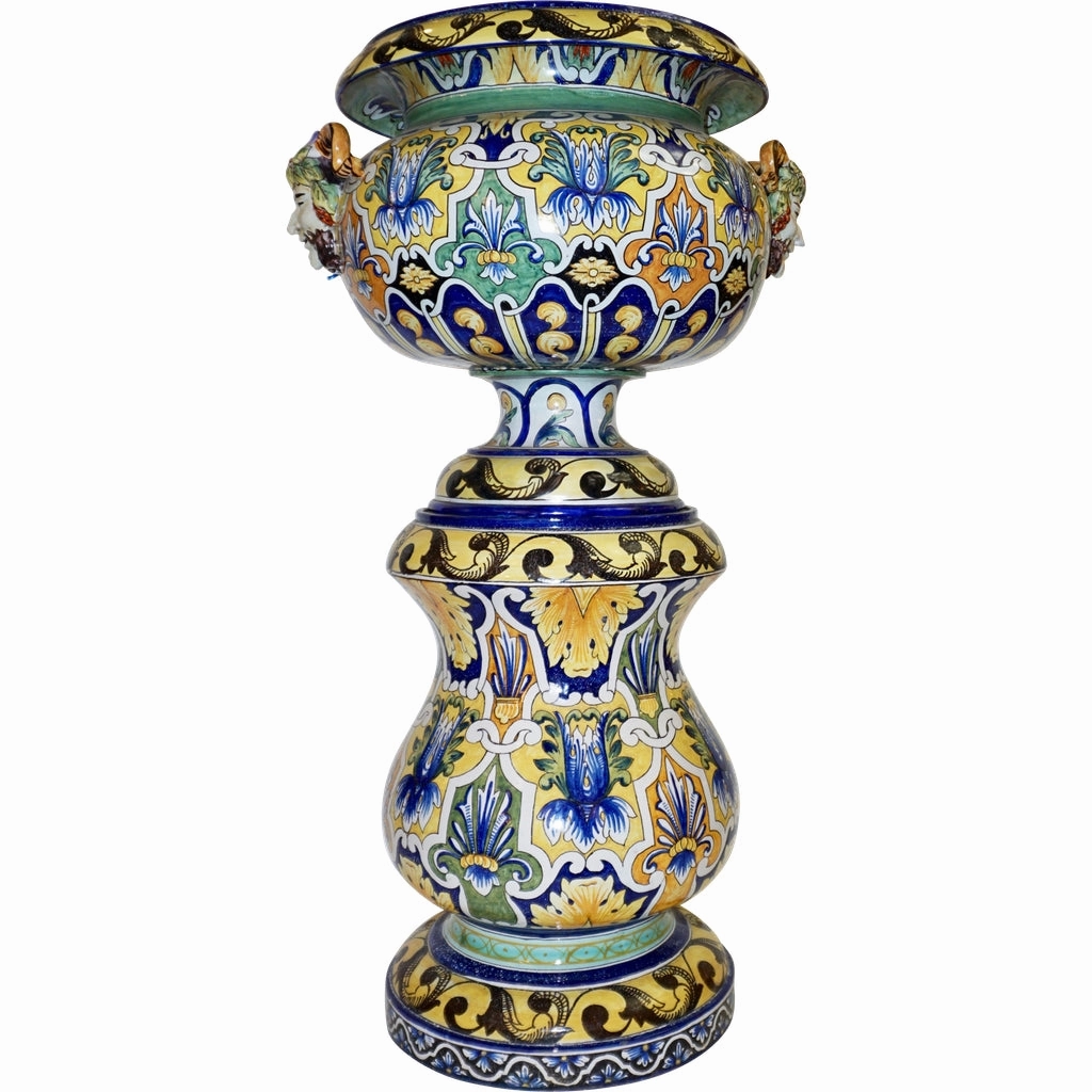 Montagnon French 19th Century Blue Yellow Green Majolica Jardinire on Stand 