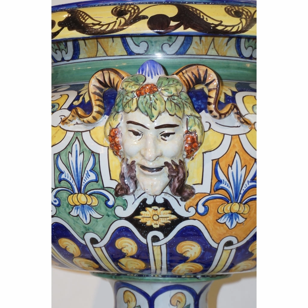 Montagnon French 19th Century Blue Yellow Green Majolica Jardinire on Stand
