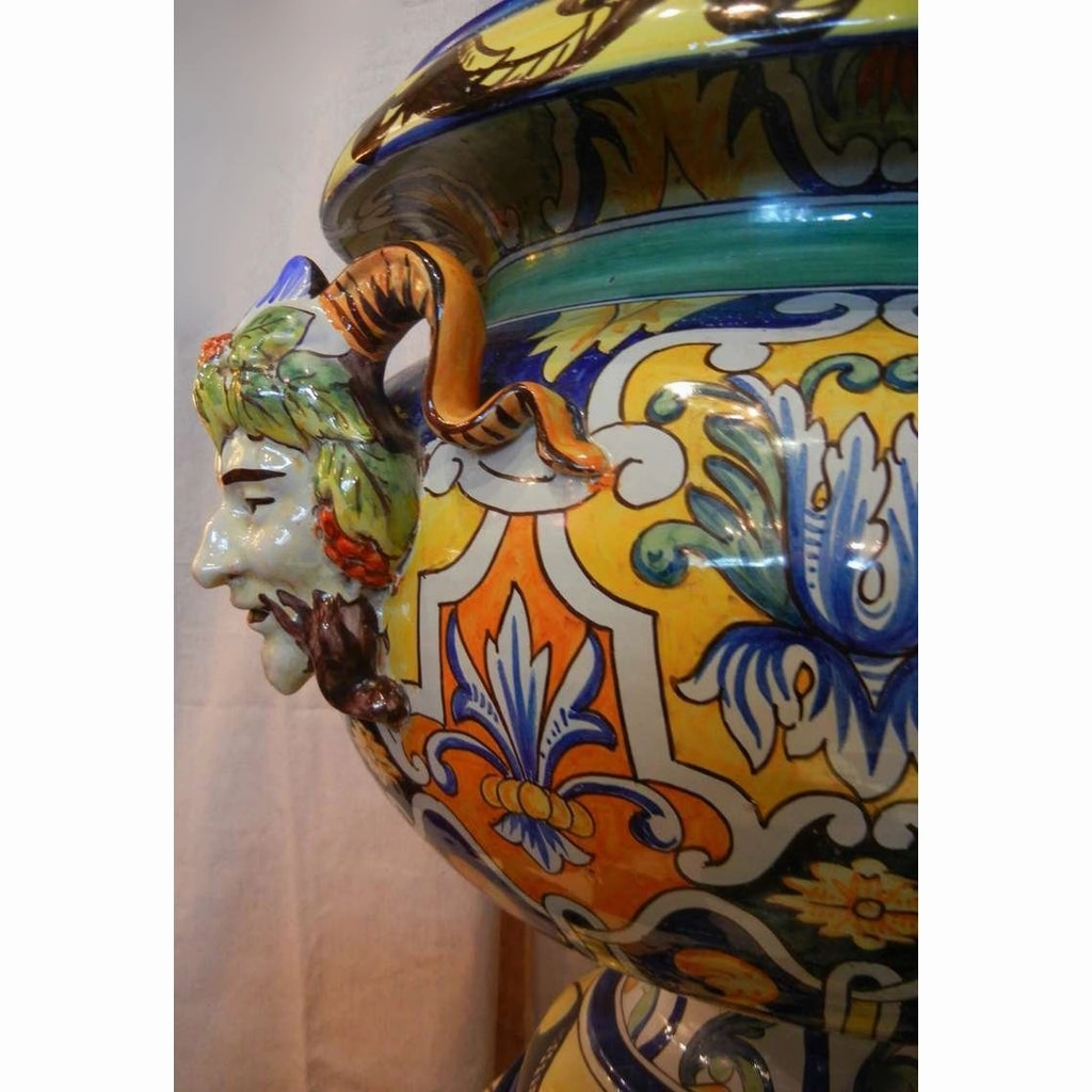 Montagnon French 19th Century Blue Yellow Green Majolica Jardinire on Stand