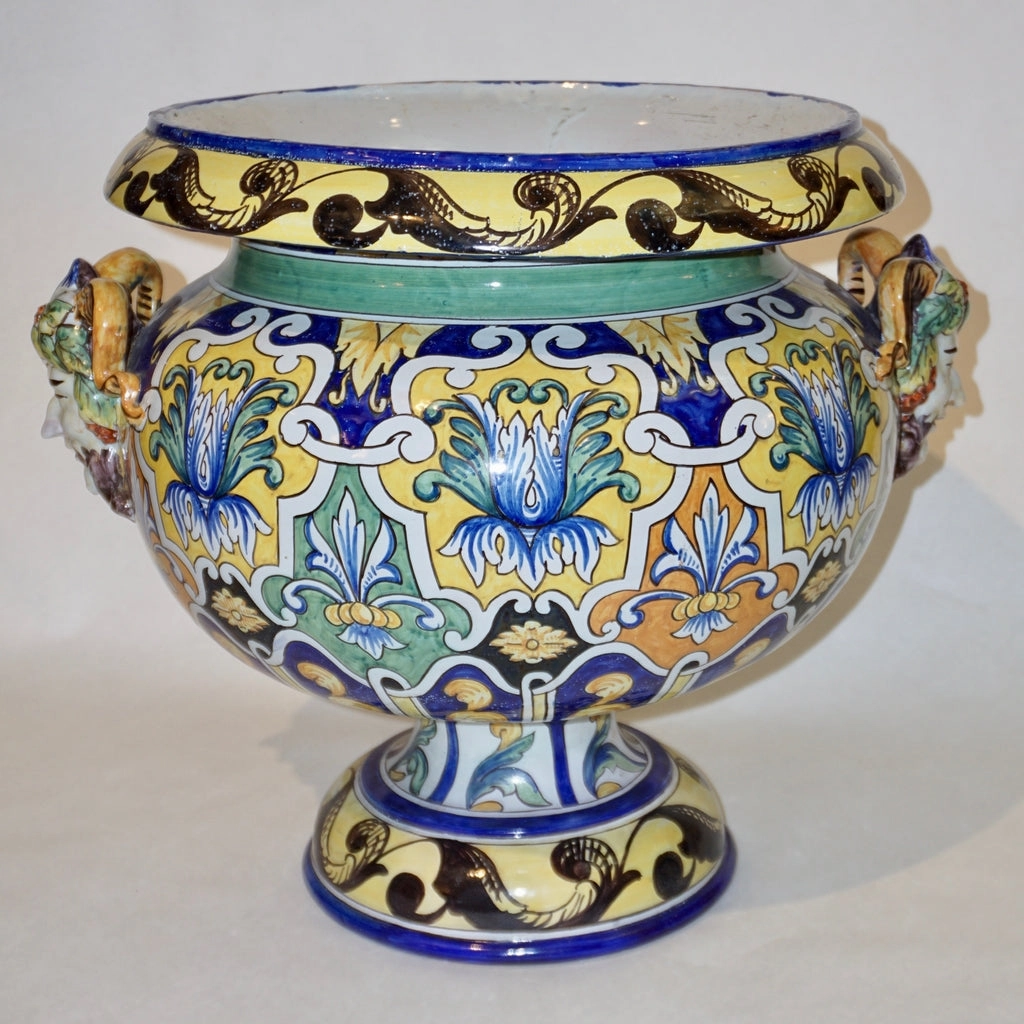 Montagnon French 19th Century Blue Yellow Green Majolica Jardinire on Stand