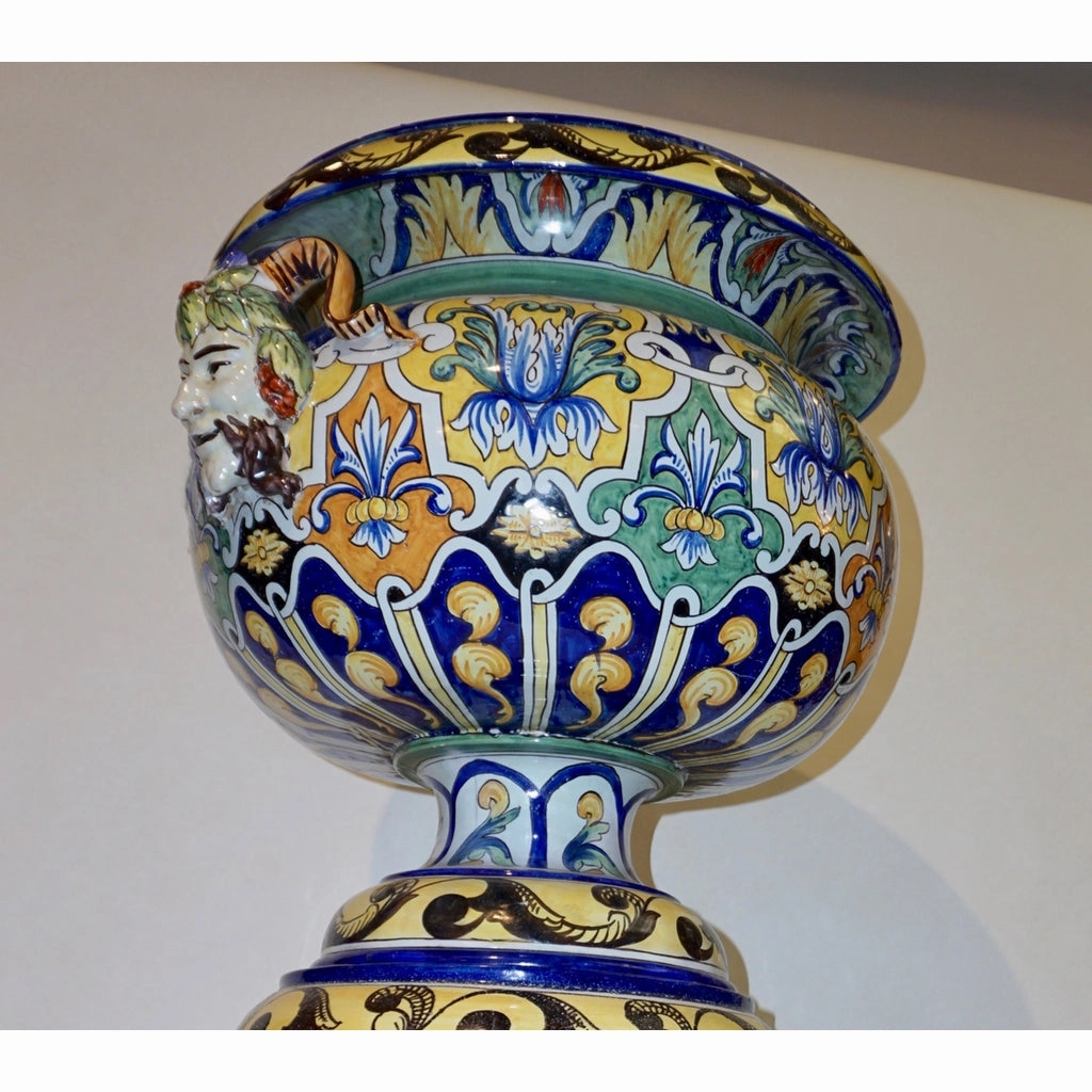 Montagnon French 19th Century Blue Yellow Green Majolica Jardinire on Stand