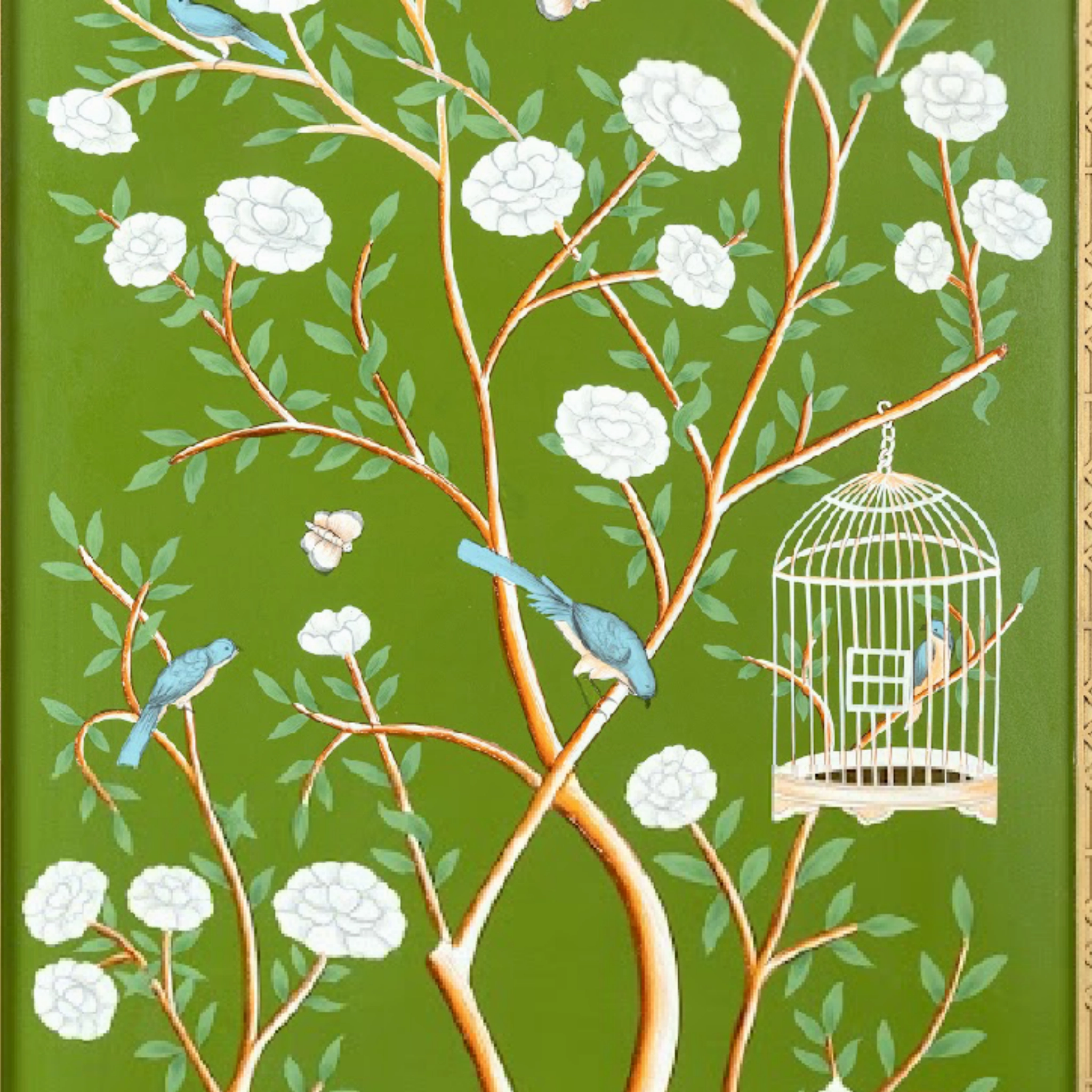 Moss Green Bird Cage Chinoiserie Mural