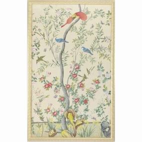 Multi Watercolor On Silk Chinoiserie Birds Panel Wall Art With Gold Frame 