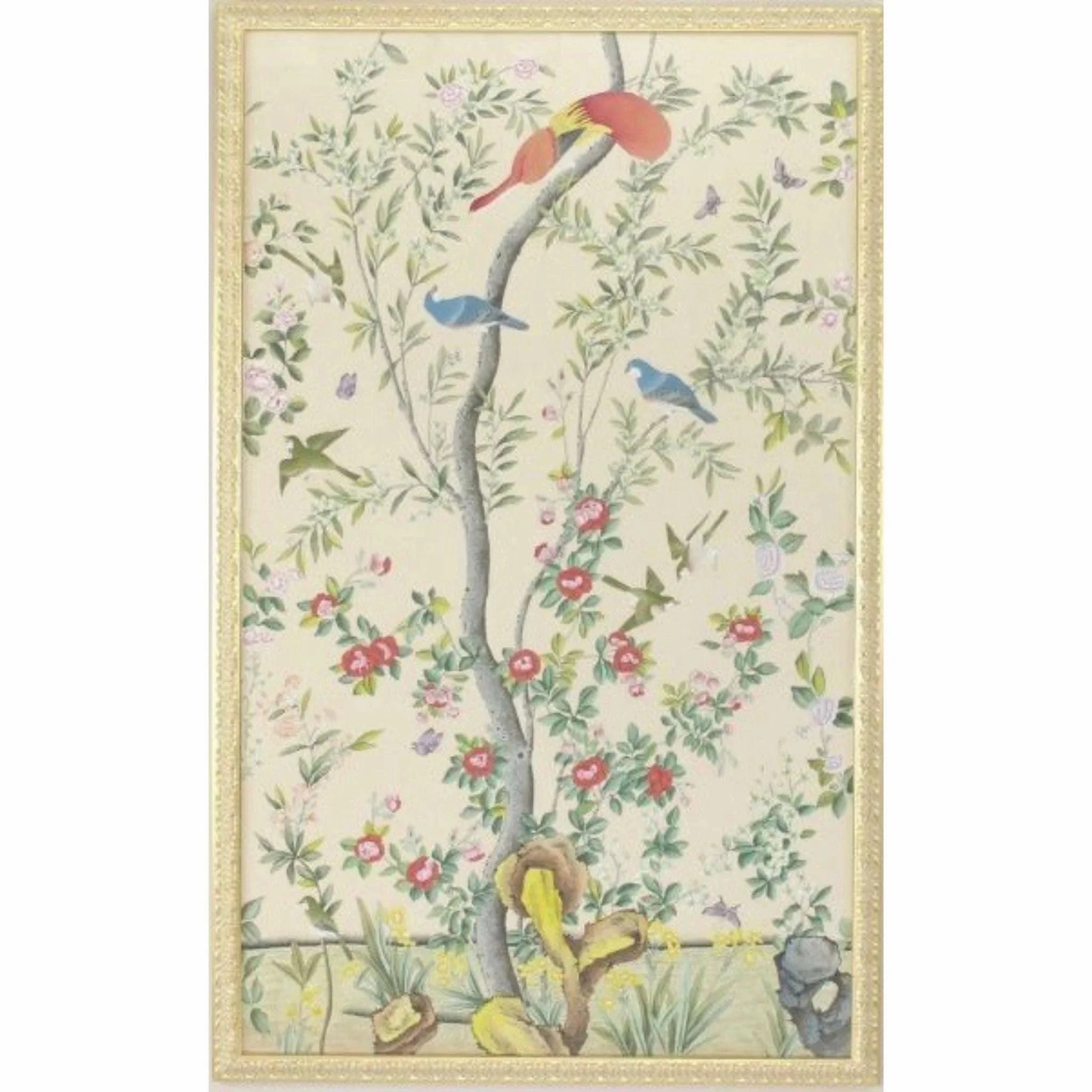 Multi Watercolor On Silk Chinoiserie Birds Panel Wall Art With Gold Frame 