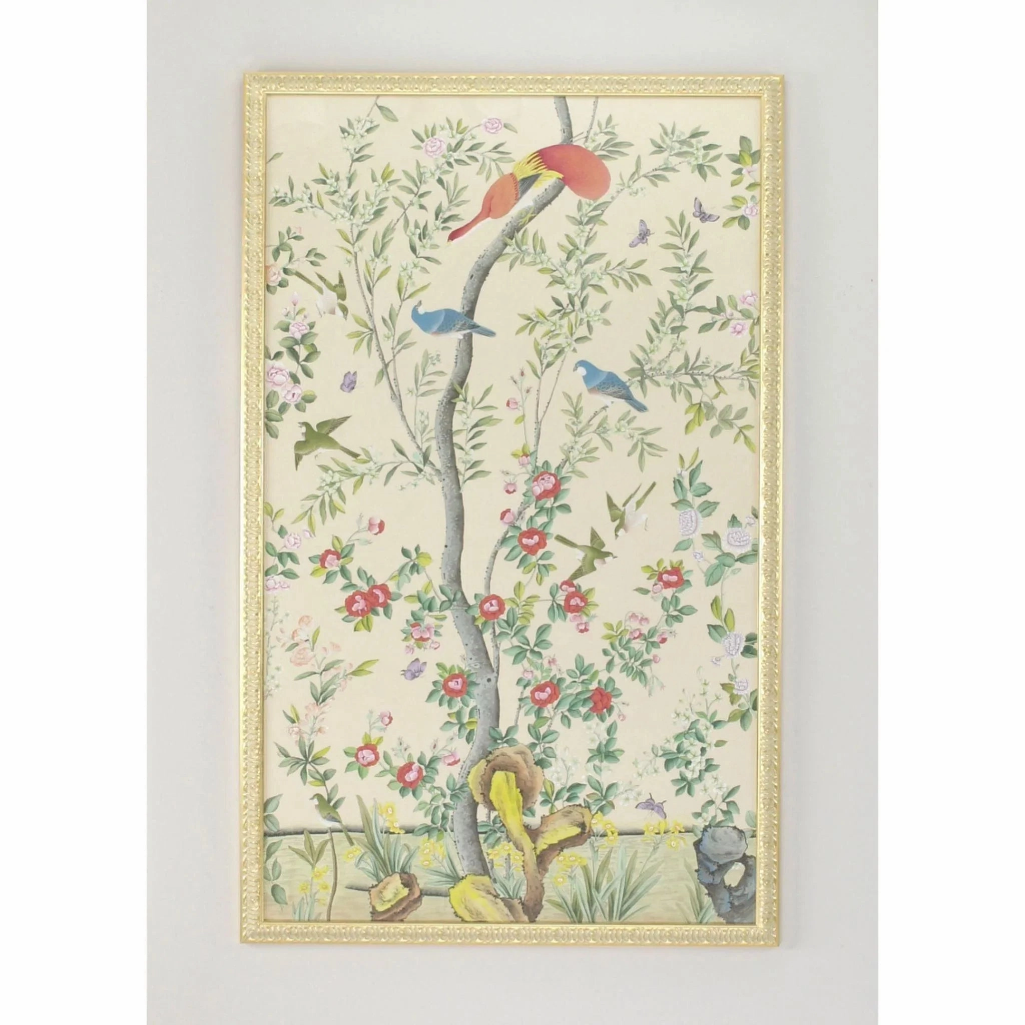 Multi Watercolor On Silk Chinoiserie Birds Panel Wall Art With Gold Frame