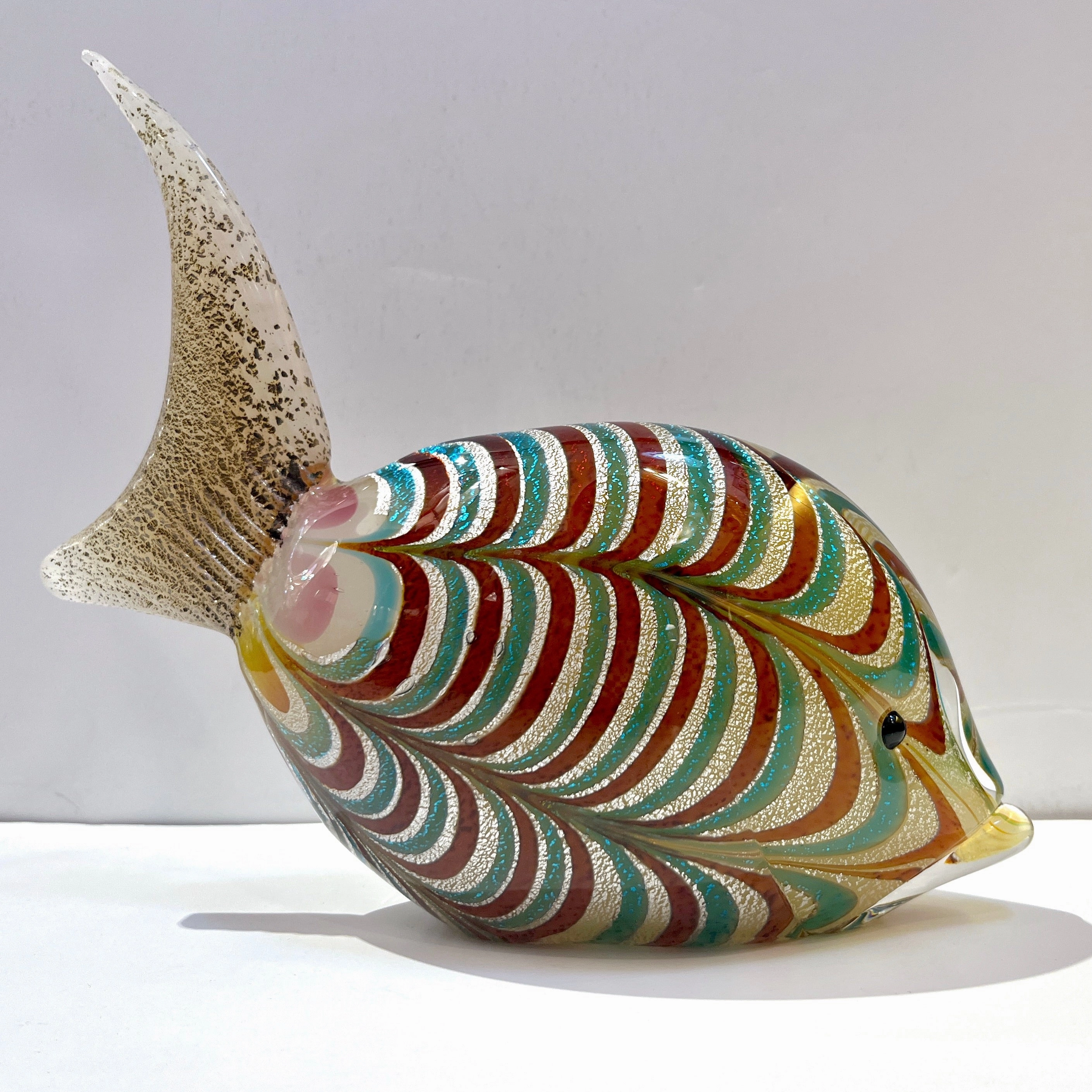 Murano Vintage Amber Silver Brown Turquoise Blue Art Glass Fish Sculpture