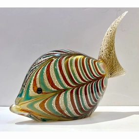 Murano Vintage Amber Silver Brown Turquoise Blue Art Glass Fish Sculpture 