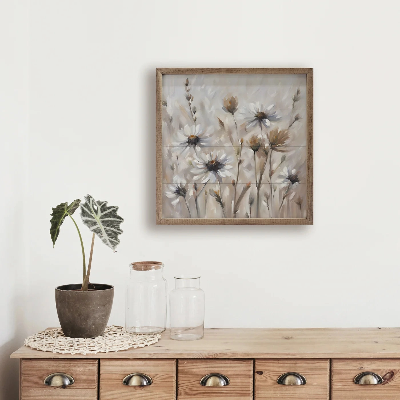 Neutral Daisy Field Wood Framed Print