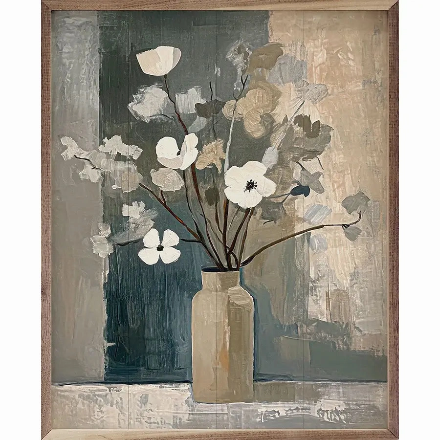 Neutral Floral Vase Wood Framed Print