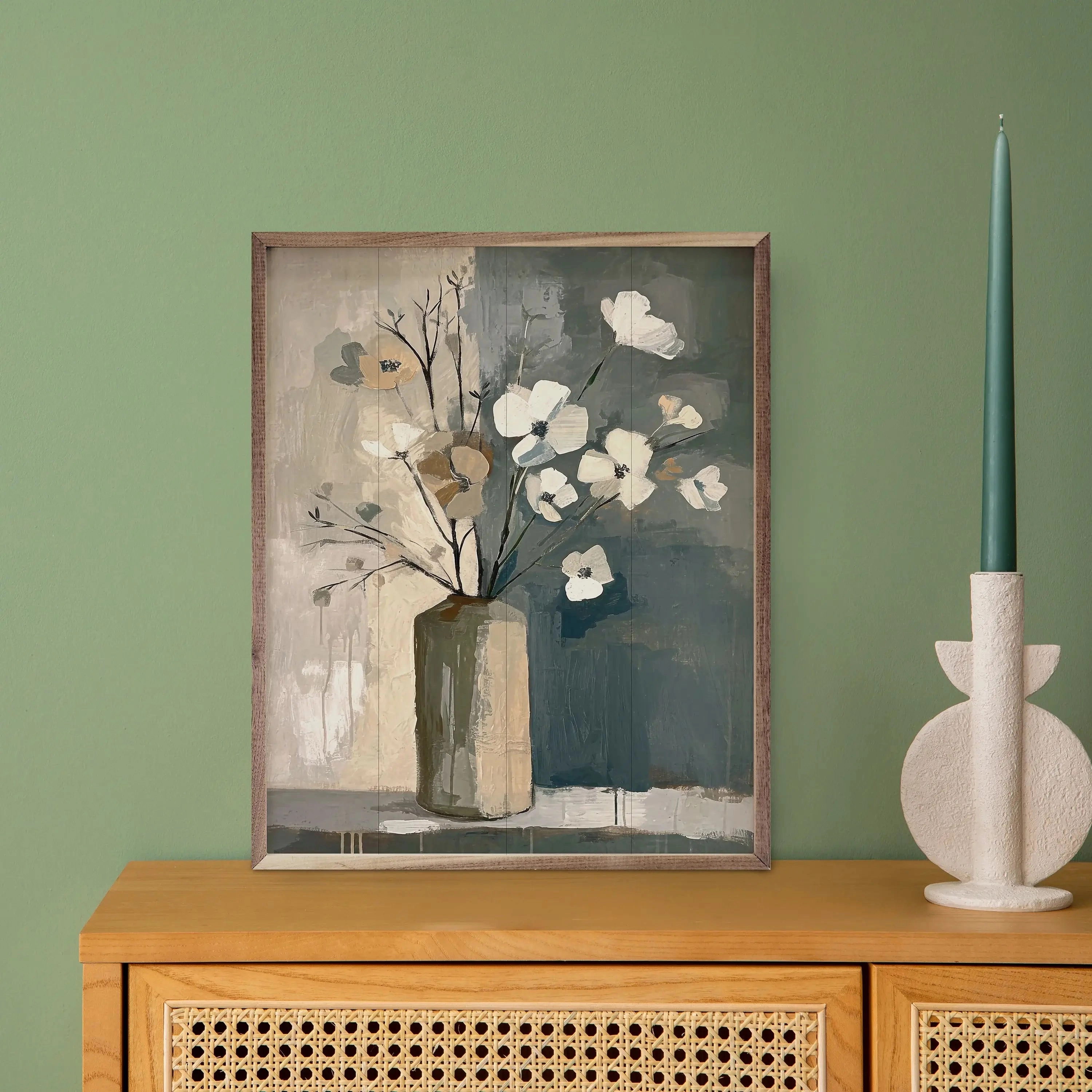 Neutral Floral Vase Wood Framed Print