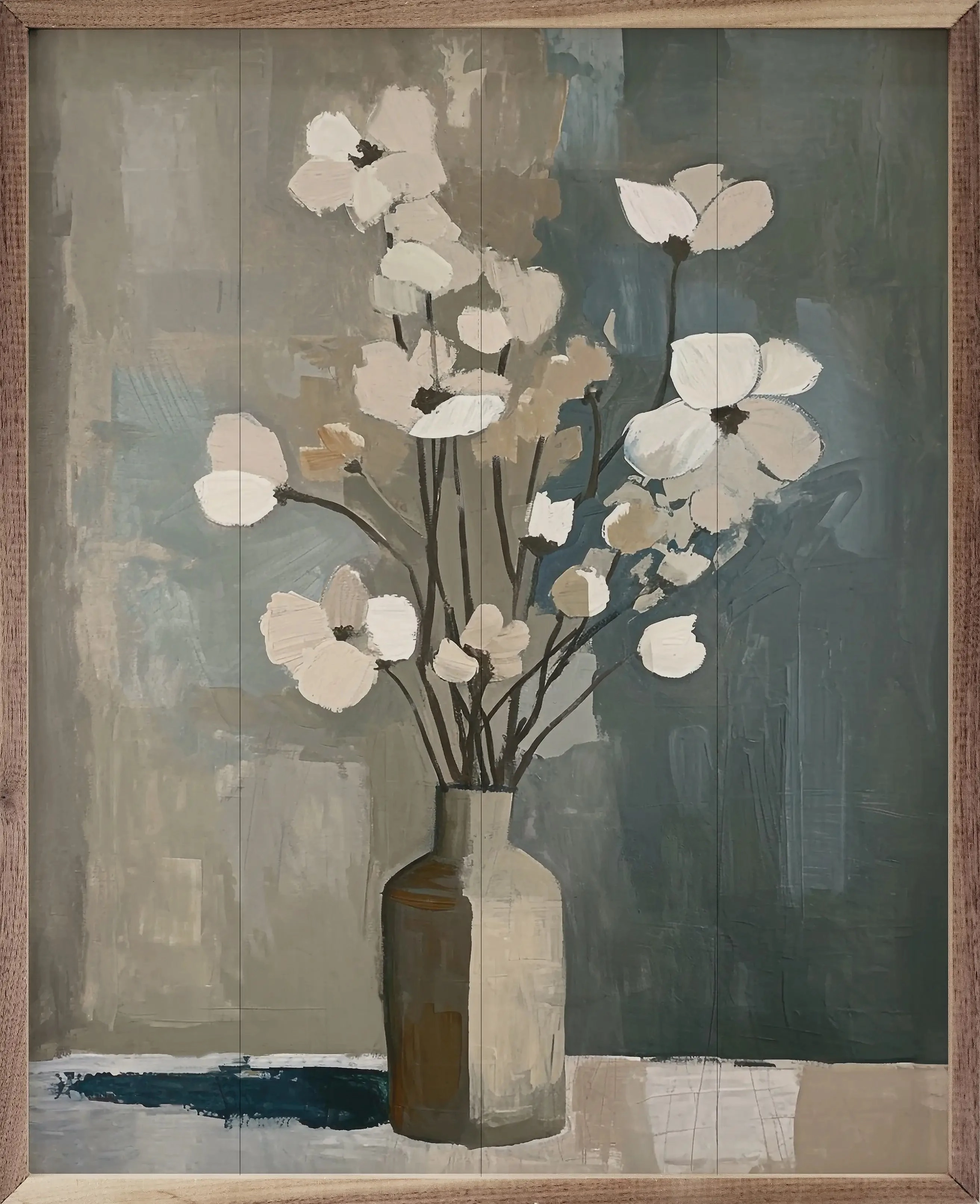 Neutral Floral Vase Wood Framed Print