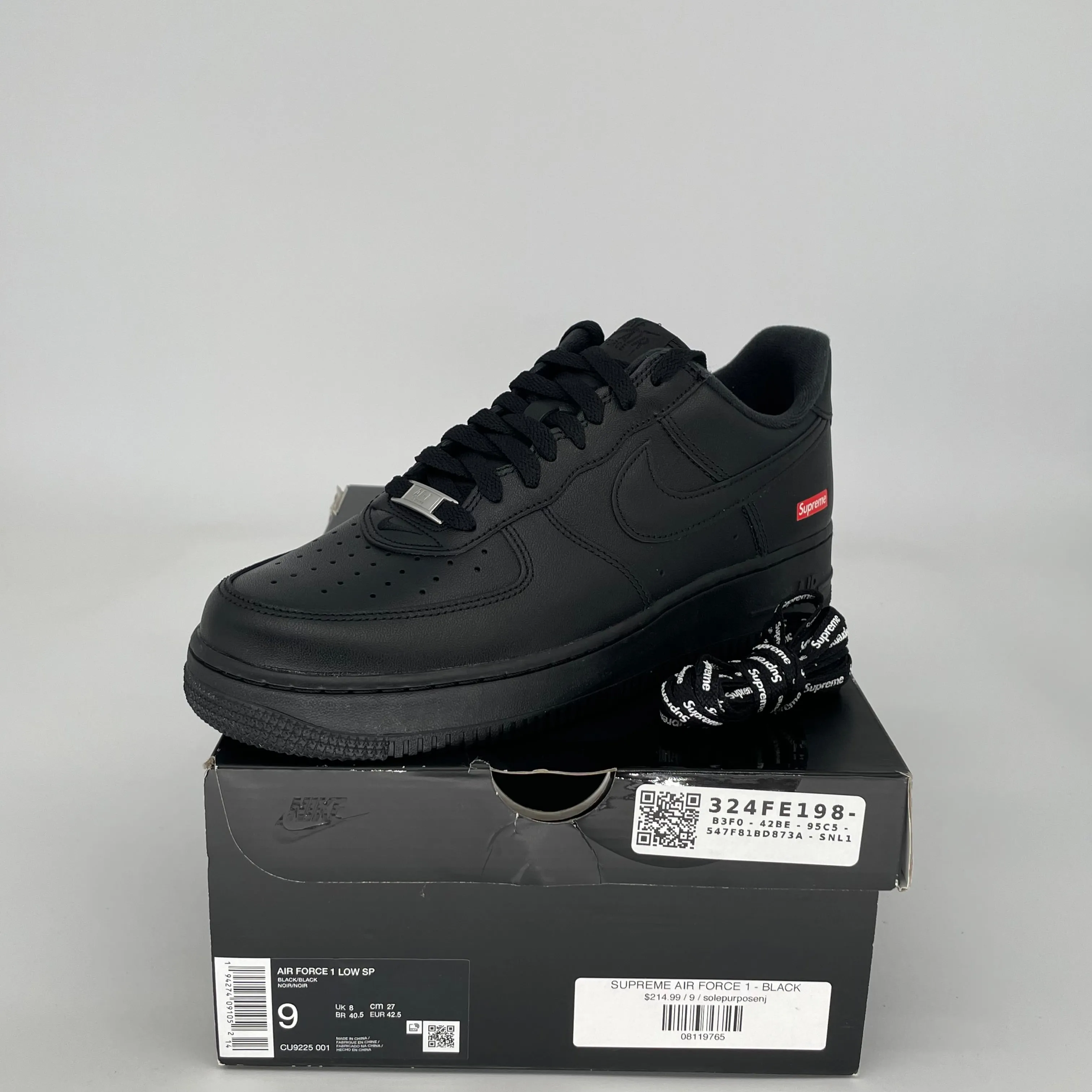 NIKE AIR FORCE 1 LOW SUPREME BLACK SIZE 9 CU9225-001