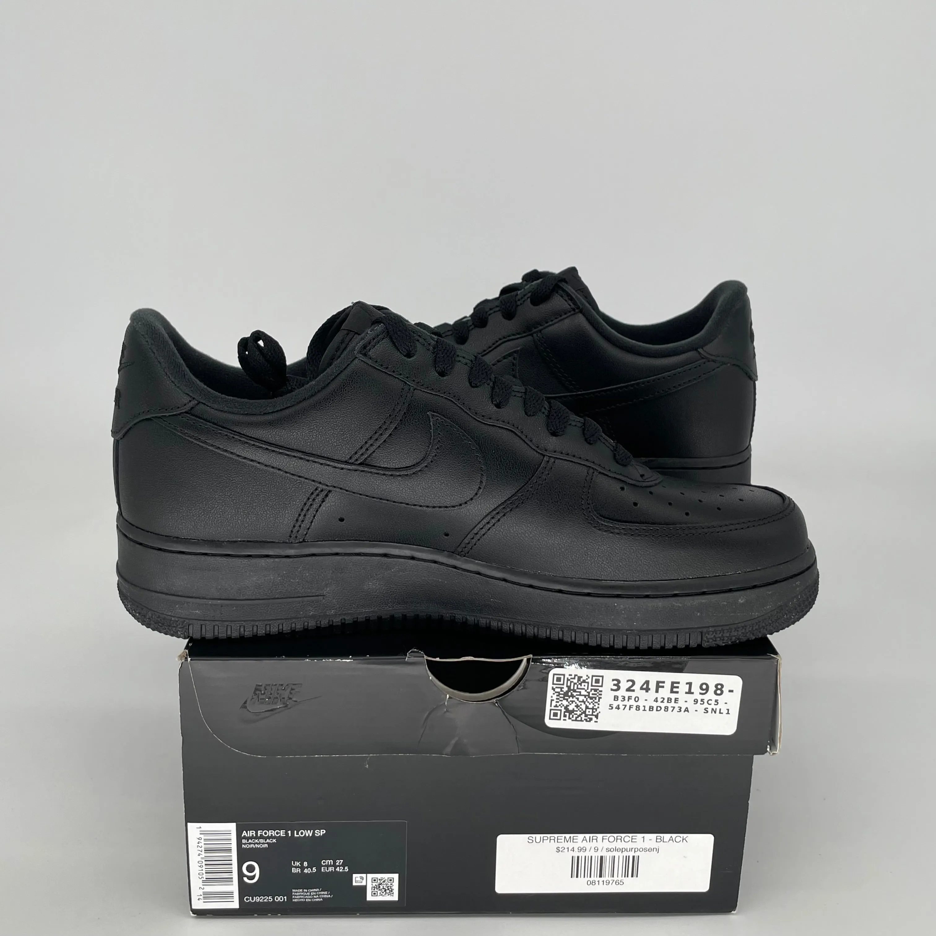 NIKE AIR FORCE 1 LOW SUPREME BLACK SIZE 9 CU9225-001