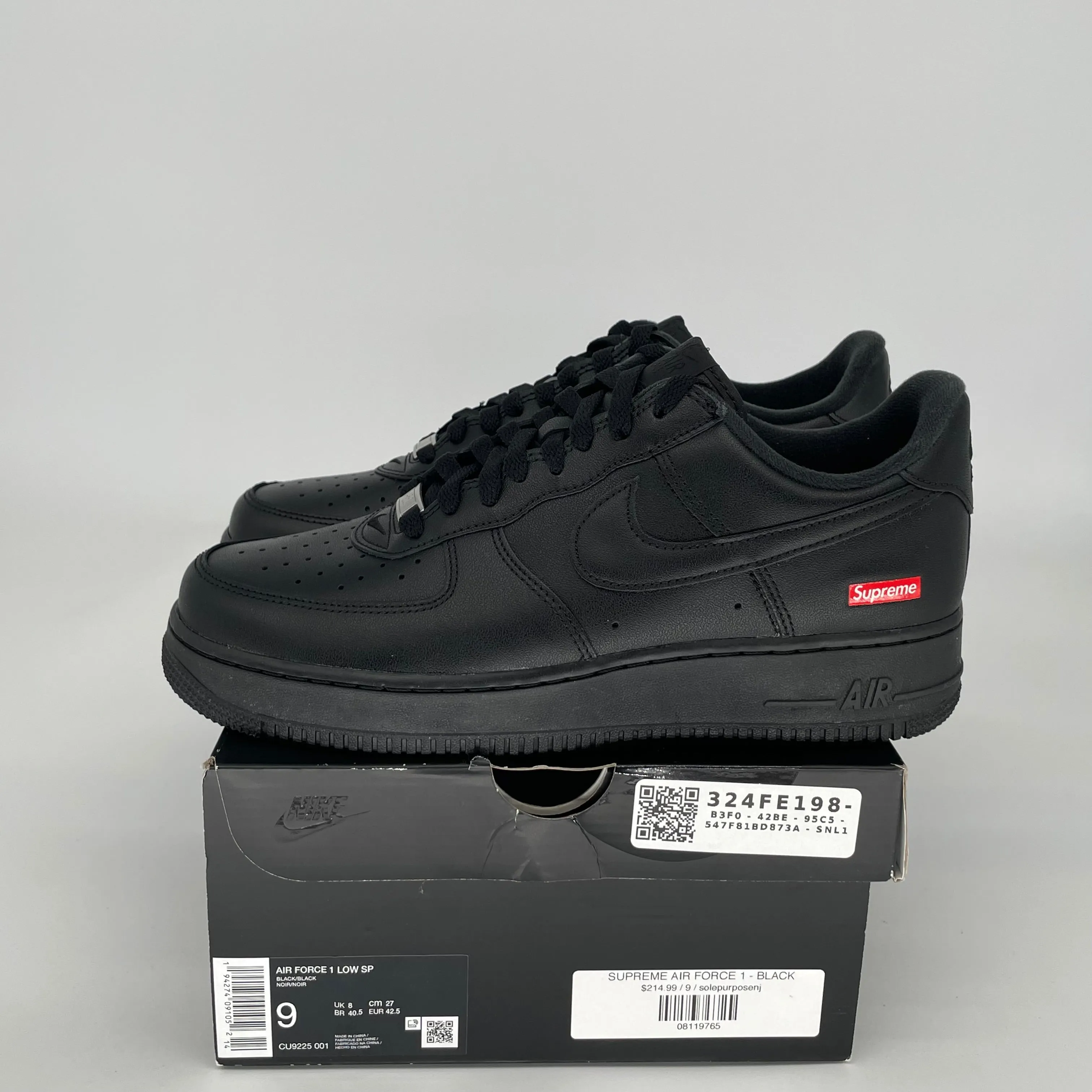NIKE AIR FORCE 1 LOW SUPREME BLACK SIZE 9 CU9225-001