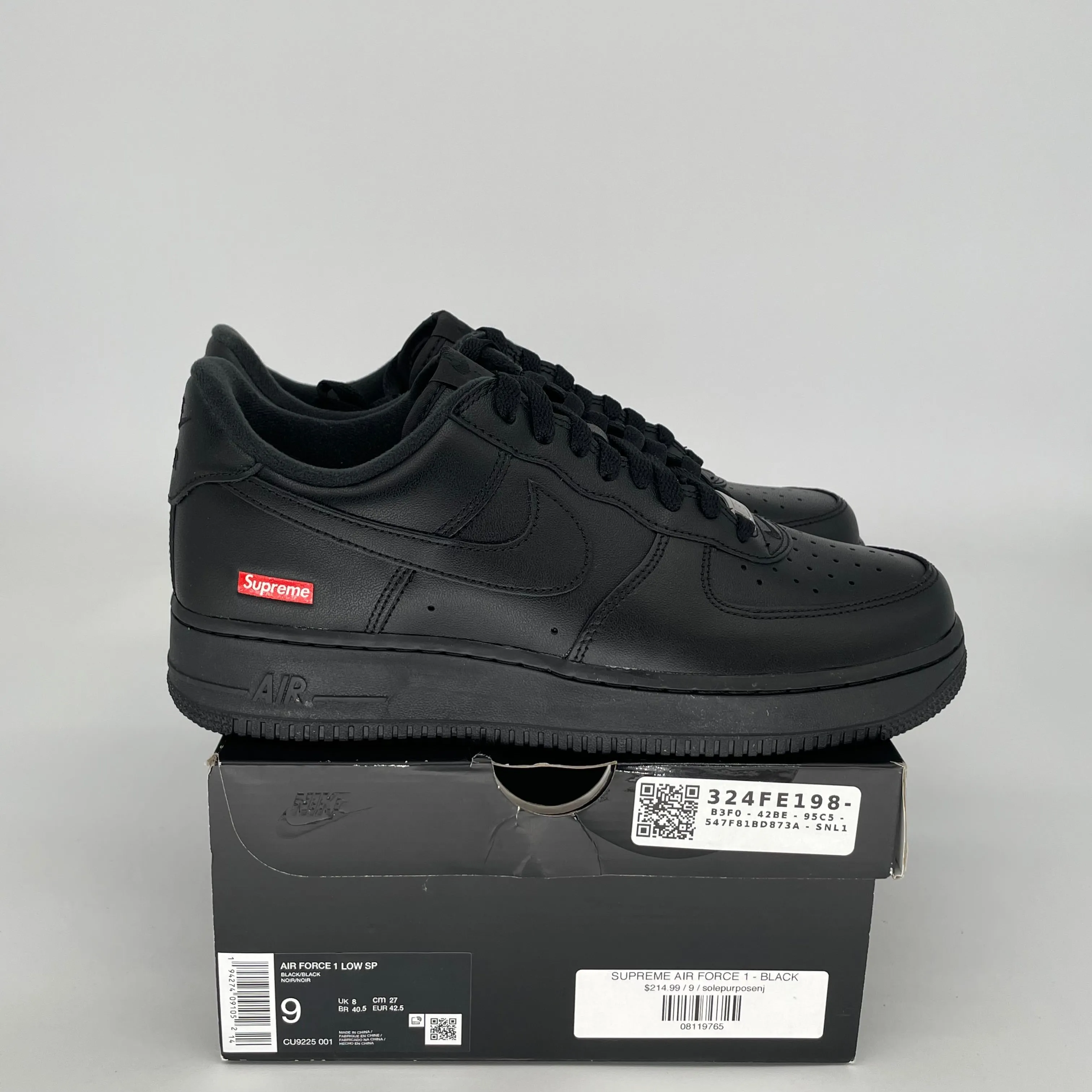 NIKE AIR FORCE 1 LOW SUPREME BLACK SIZE 9 CU9225-001