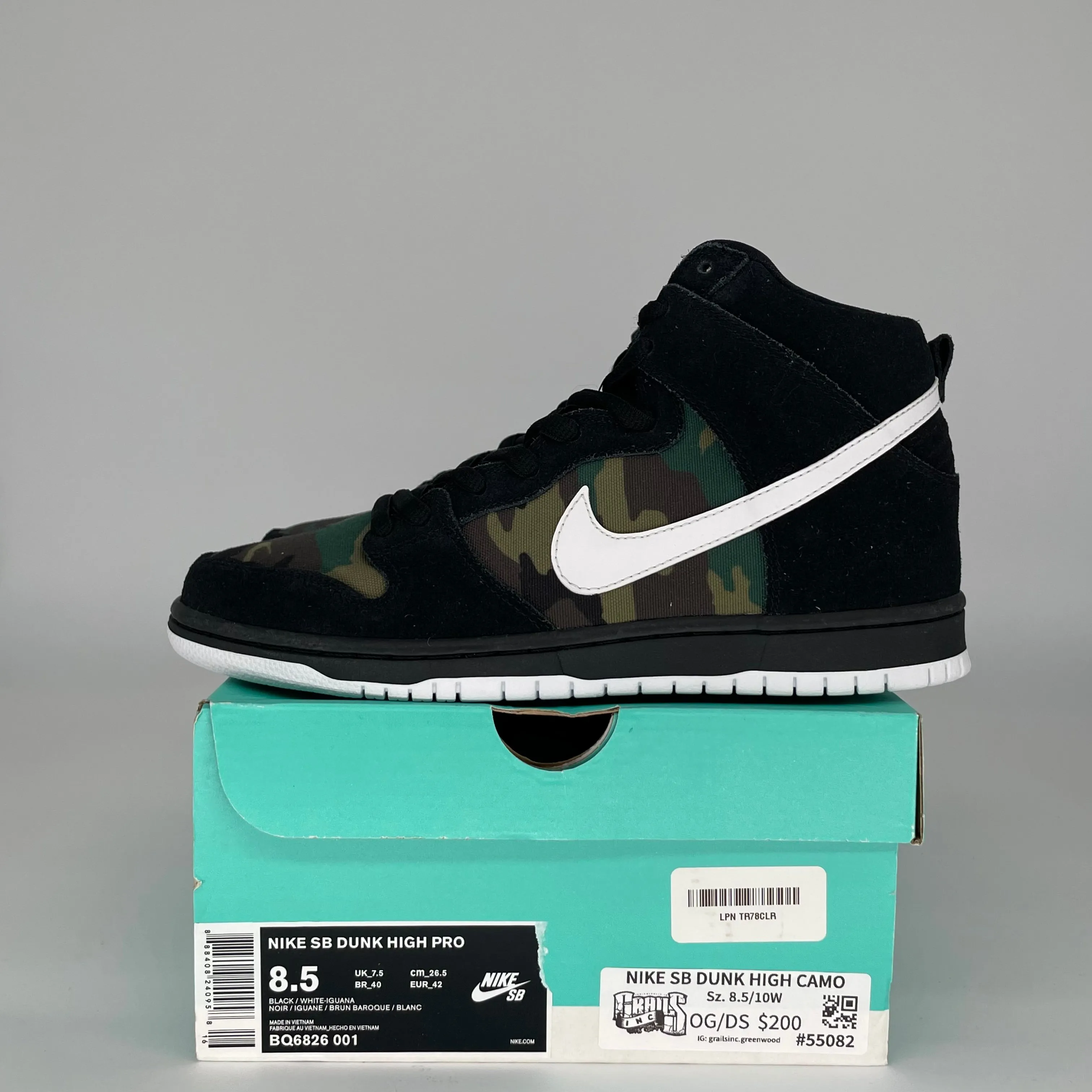 NIKE SB DUNK HIGH CAMO SIZE 8.5 BQ6826-001