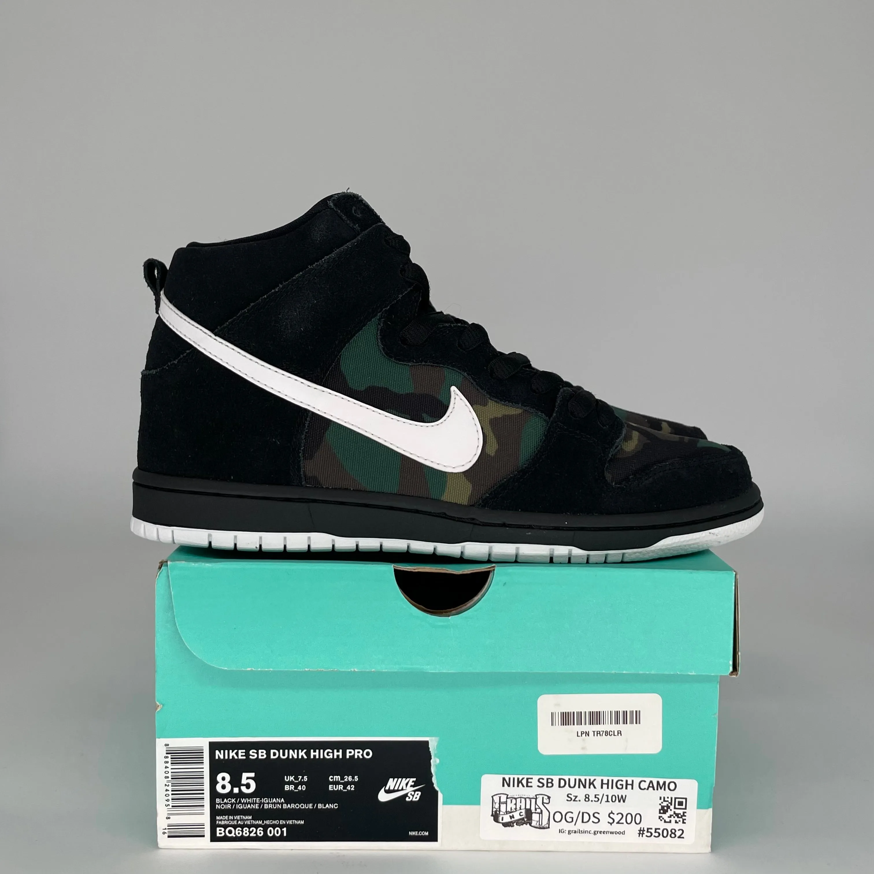 NIKE SB DUNK HIGH CAMO SIZE 8.5 BQ6826-001