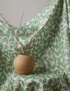 Orchard Leaves Green on Linen by Wallshoppe 