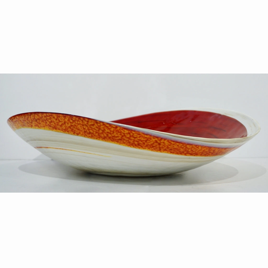 Organic Italian Pearl White Murano Glass Bowl with Swirled Wine Red Murrine