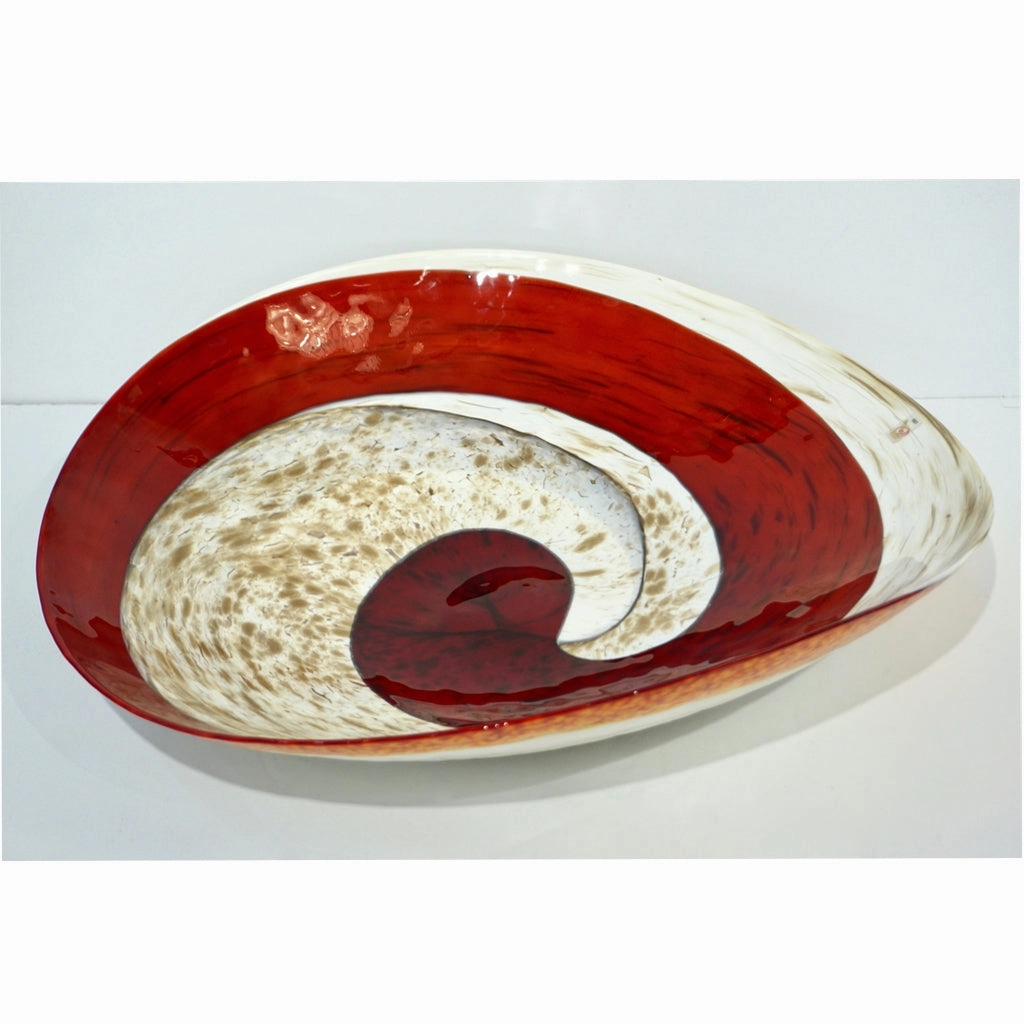 Organic Italian Pearl White Murano Glass Bowl with Swirled Wine Red Murrine 