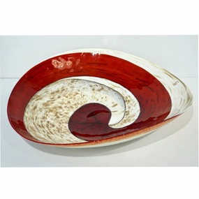 Organic Italian Pearl White Murano Glass Bowl with Swirled Wine Red Murrine 