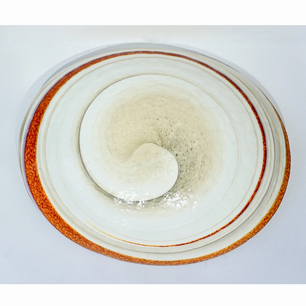 Organic Italian Pearl White Murano Glass Bowl with Swirled Wine Red Murrine