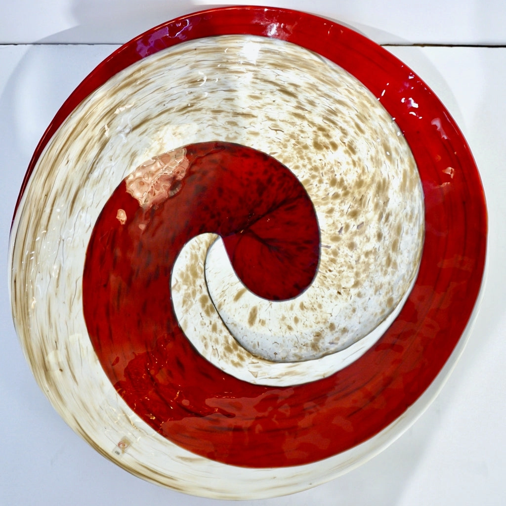 Organic Italian Pearl White Murano Glass Bowl with Swirled Wine Red Murrine
