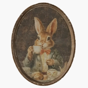 Oval Framed Bunny Sipping Tea Print 