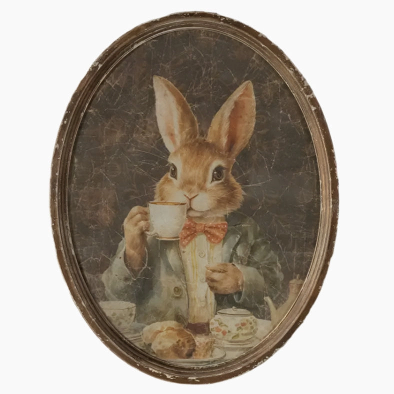 Oval Framed Bunny Sipping Tea Print 