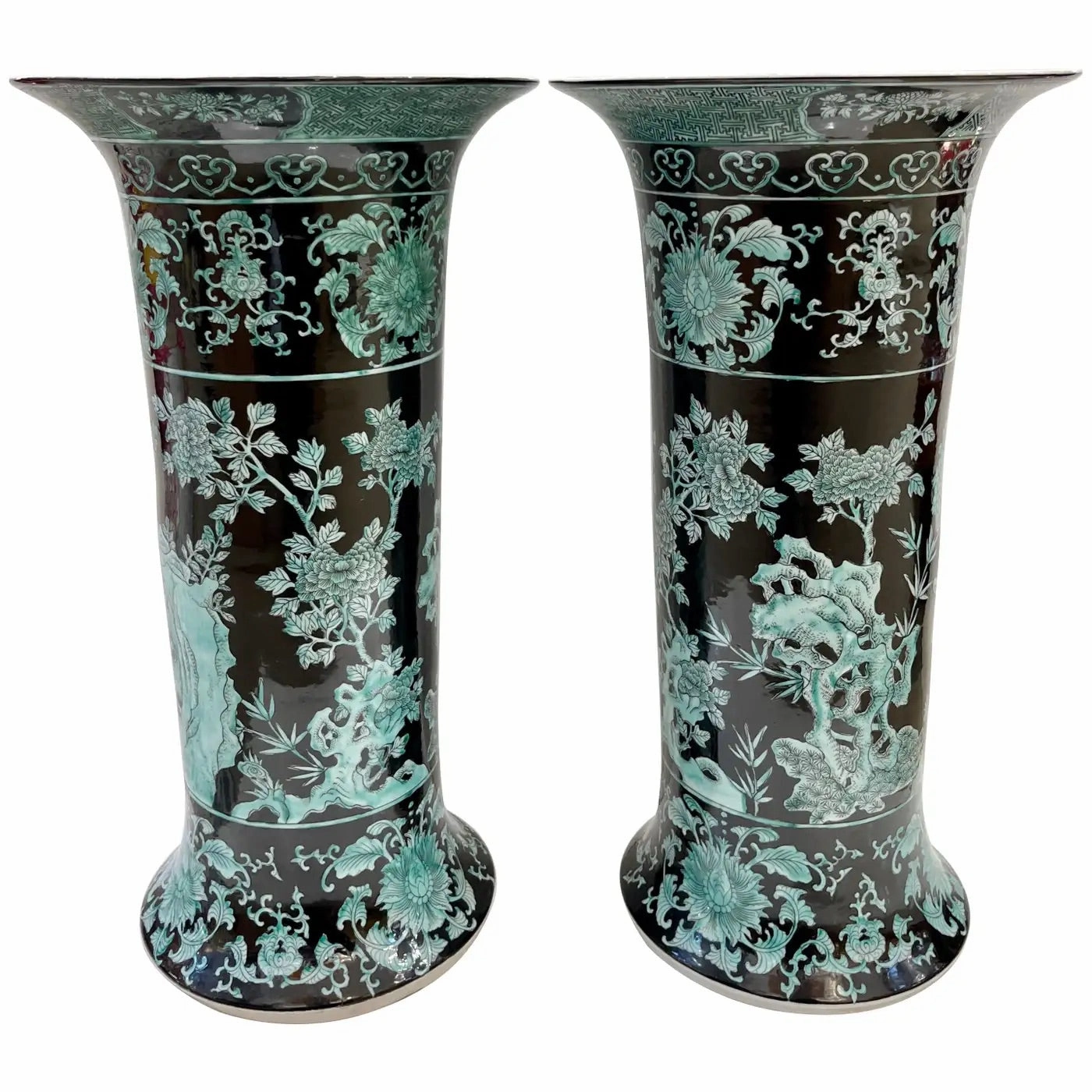 Pair Mid-20th Century Chinese Export Jet Black Green Porcelain Tall Roll Vases 
