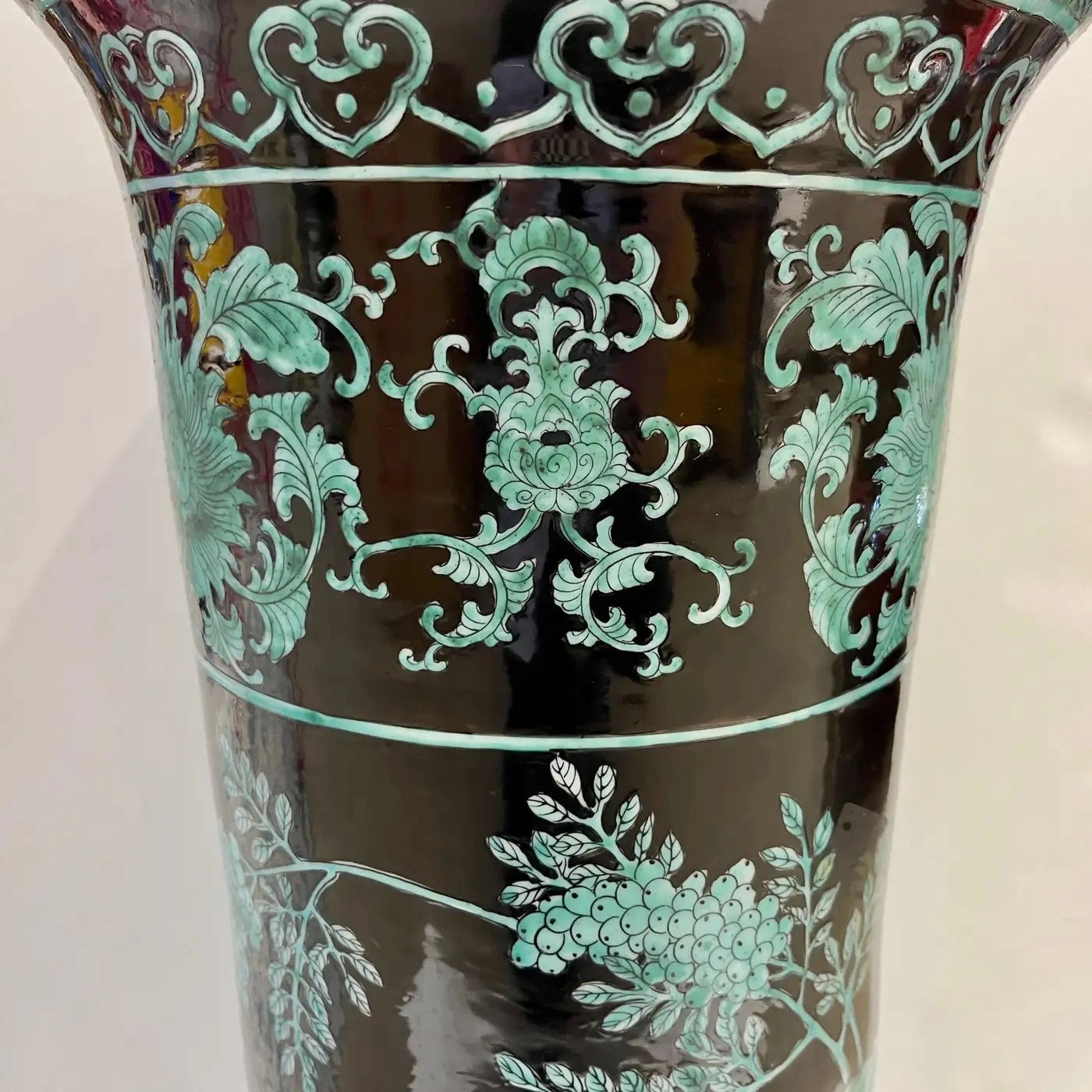 Pair Mid-20th Century Chinese Export Jet Black Green Porcelain Tall Roll Vases