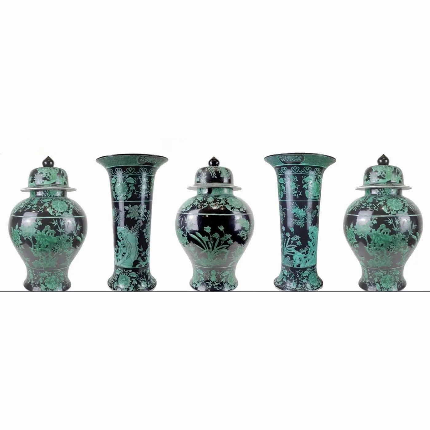 Pair Mid-20th Century Chinese Export Jet Black Green Porcelain Tall Roll Vases